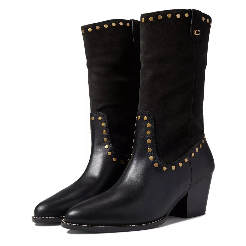 Brand new Coach 7.5 Phoebe Black Gold Suede Studded Heeled Western Cowboy Boots